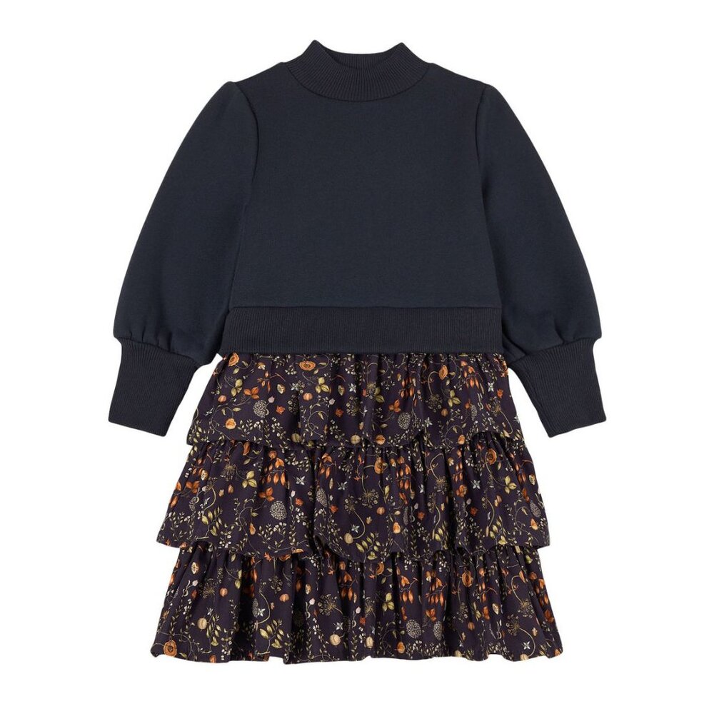 ** KIDS ** THE MIDDLE DAUGHTER Tiered Ruffle Dress in Printed Botanical/Navy, si